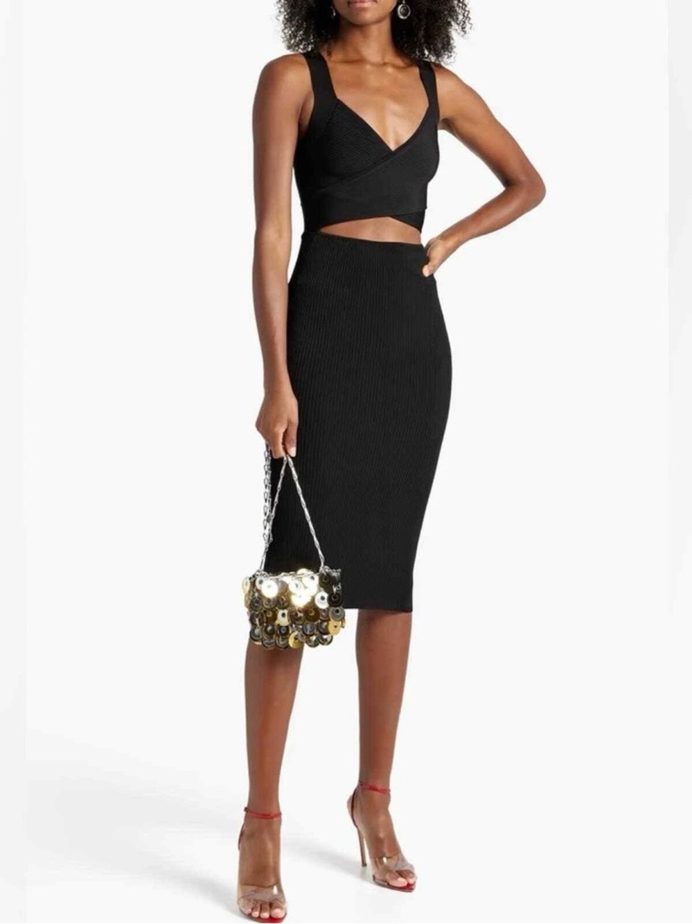 Alice + Olivia Lidia Crisscross Bodice Cut Out Ribbed Midi Dress Black Size M